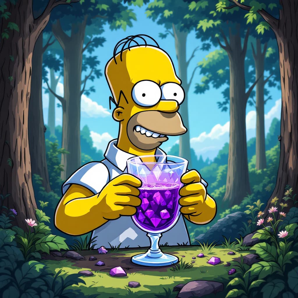 AI generated: hommer simpson with diamond teeth in the forest with a glass containing purple juice