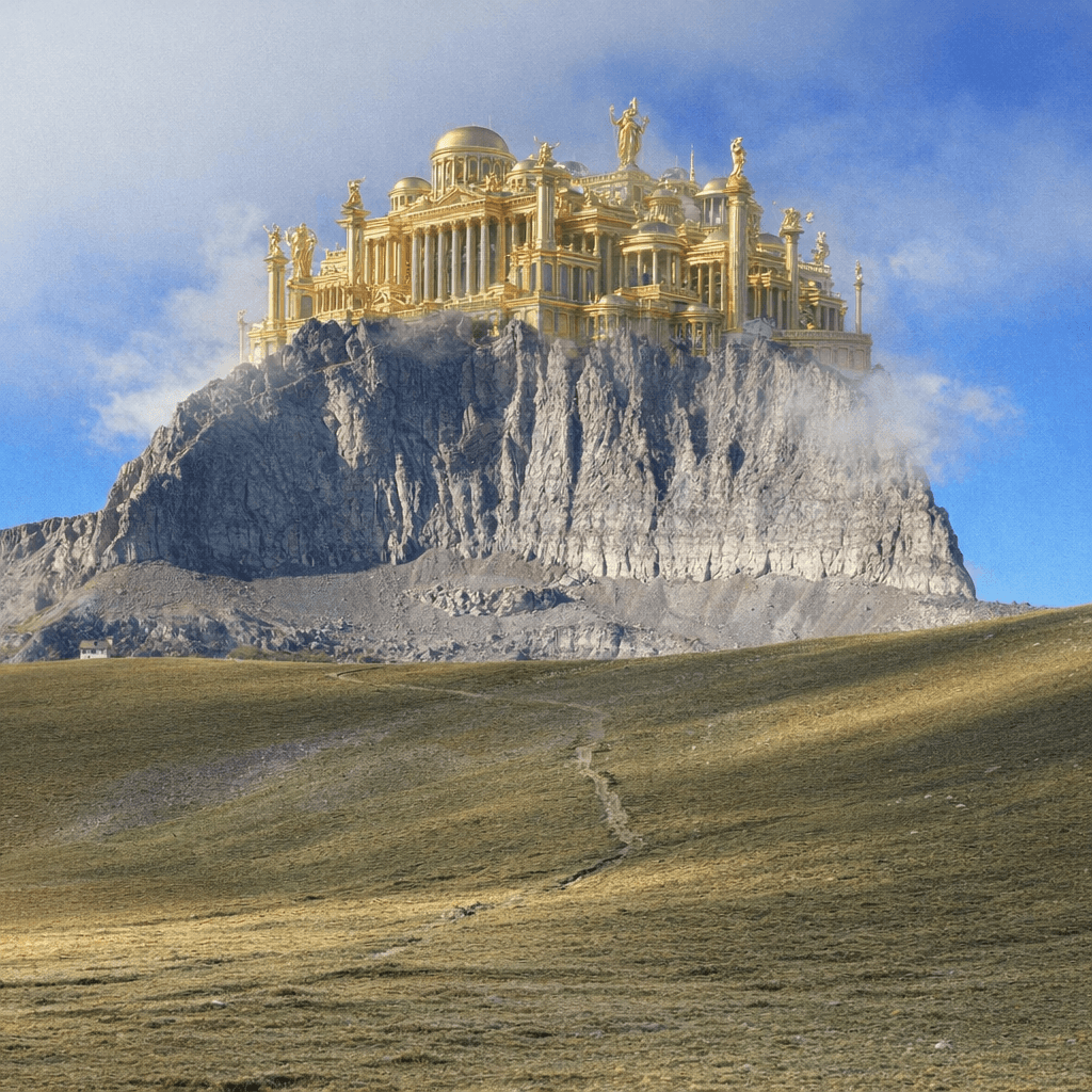 AI generated: Place the 12 Olympus gods golden palace on top of the mountain's pick of the picture