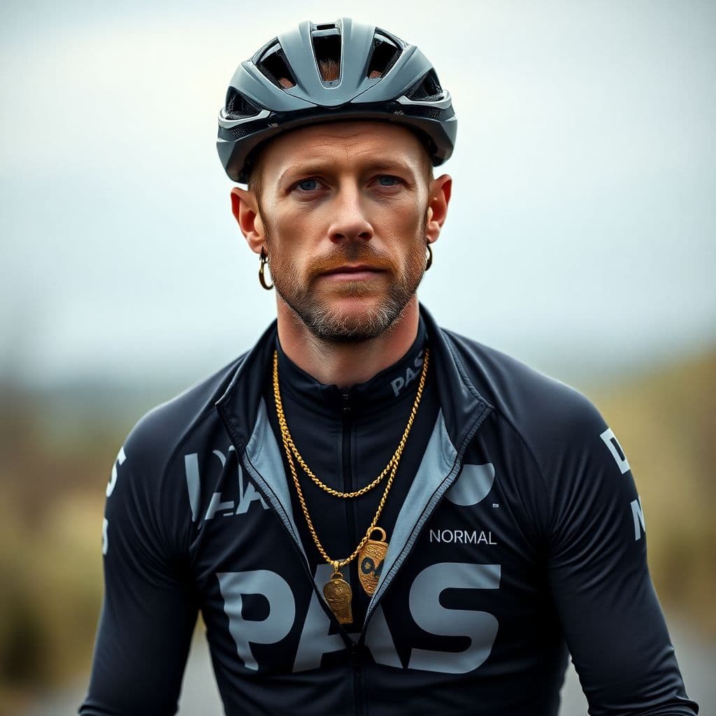 AI generated: Simen Nordahl Svendsen the gravel cyclist riding for the PAS Normal team, with shirt open, with gold...