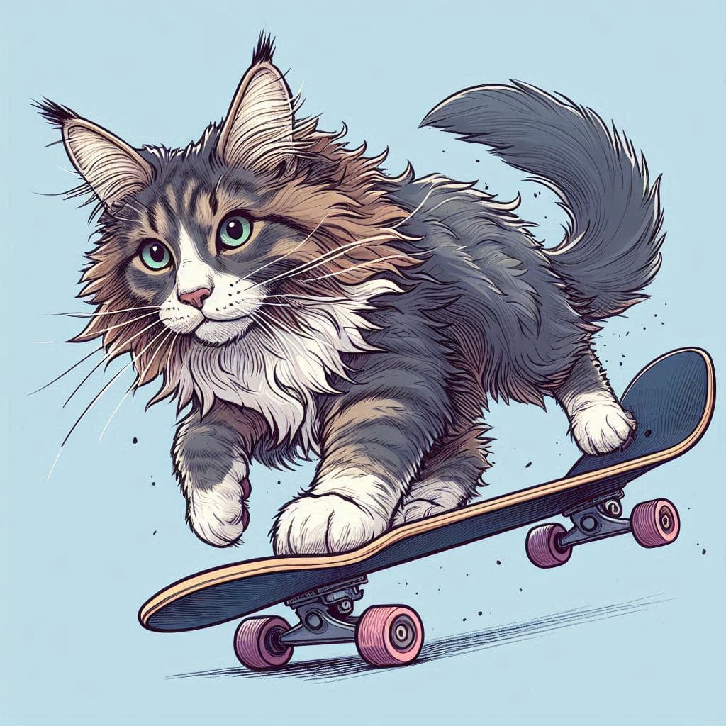 AI generated: A Maine Coon skateboarding, cartoon sketch, tee-shirt logo print