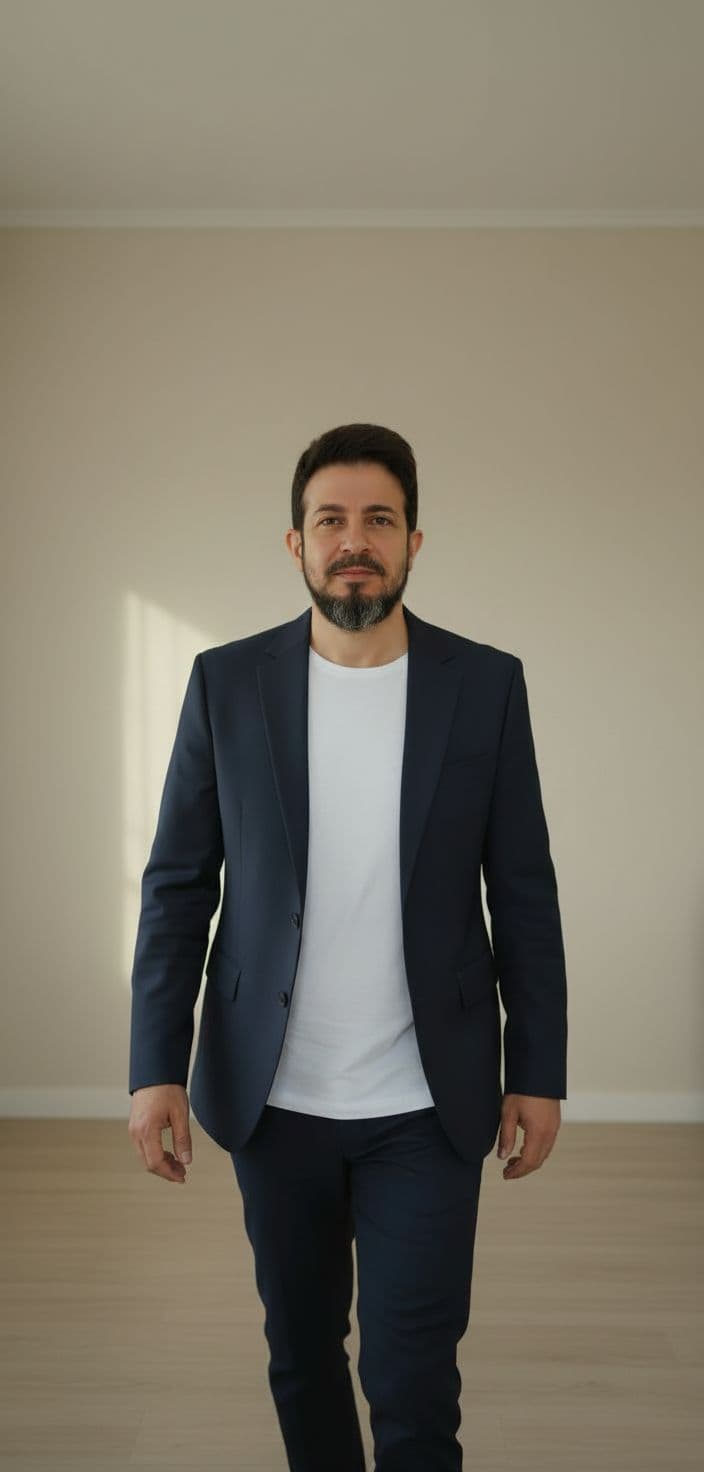 AI generated: "The Latino man in a casual outfit stands up confidently from his seat and walks steadily towards th...