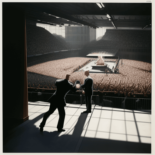 AI generated: Hyper realistic eye level exterior photo of donald trump fighting joe biden on a box ring surrounded...
