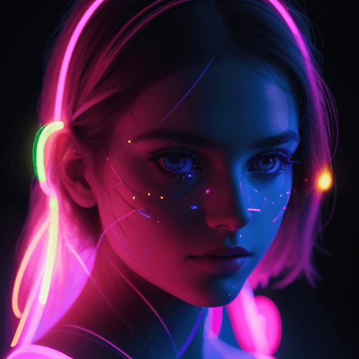 AI generated: neon garland around face woman, close up, neon lights on background, luminescent particles, masterpi...