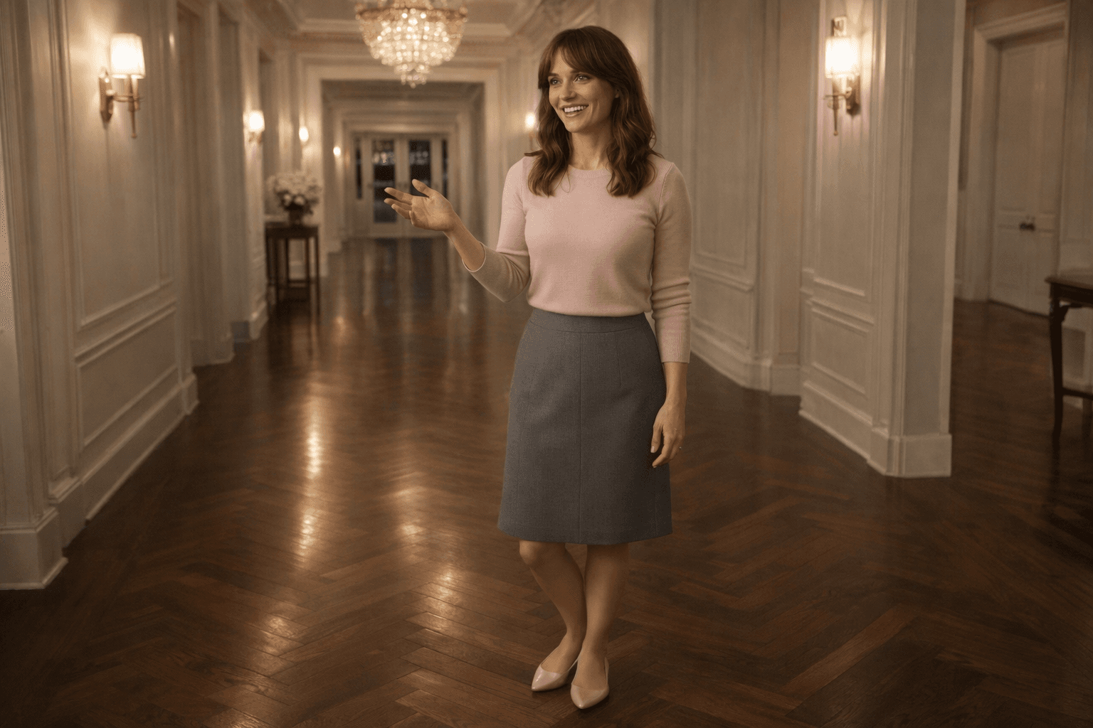 AI generated: At a beautiful home. The model is standing in a luxurious hall way with a beautiful chandelier on th...