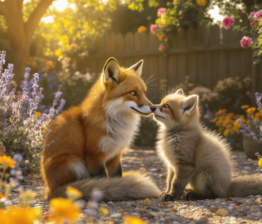 AI generated: A fox sat in a garden rubbing noses with its cute cub.