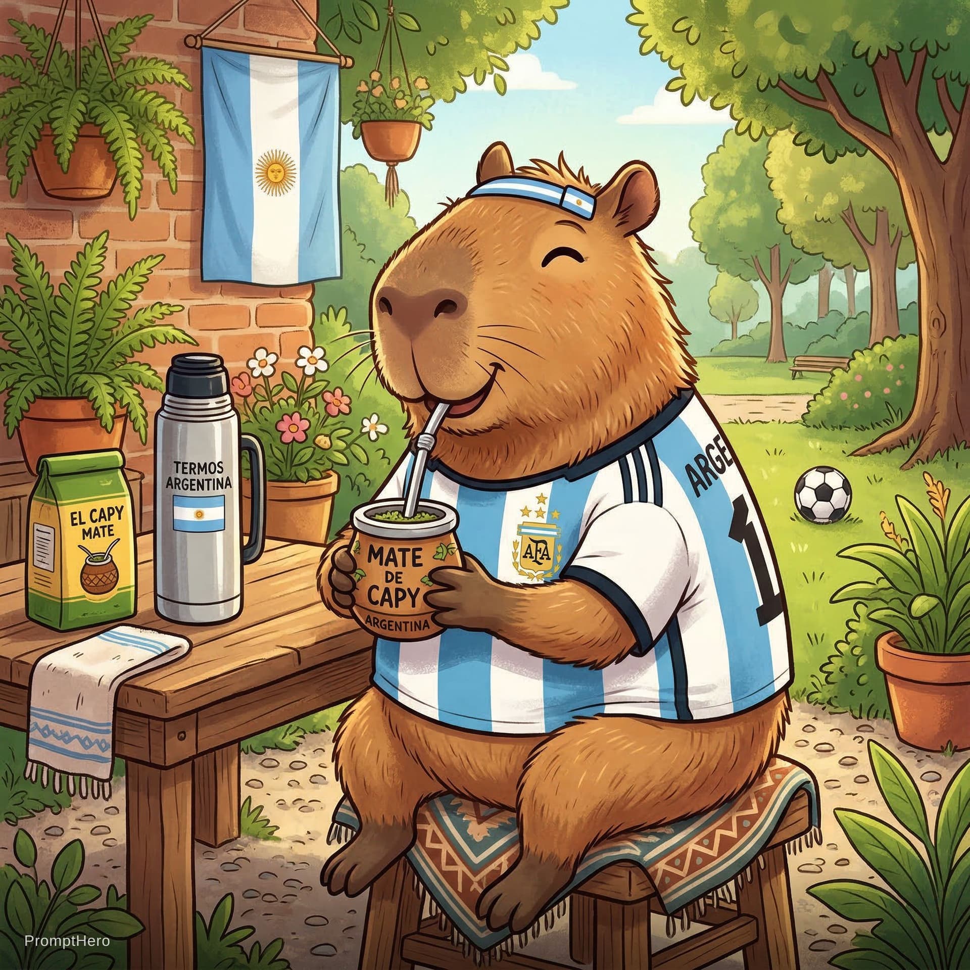 AI generated: Cartoon type capibara drinking Argentine yerba mate drink with bombilla, wearing an Argentine futbol...