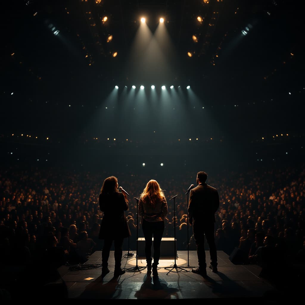 AI generated: concert venue, very tall ceilings like football stadium, audience is mostly shrouded because it is d...