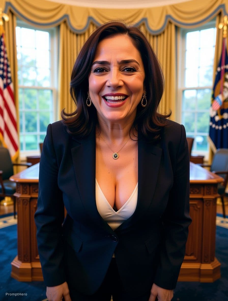 AI generated: Kamala Harris smiling while bending forward with big cleavage in oval office

