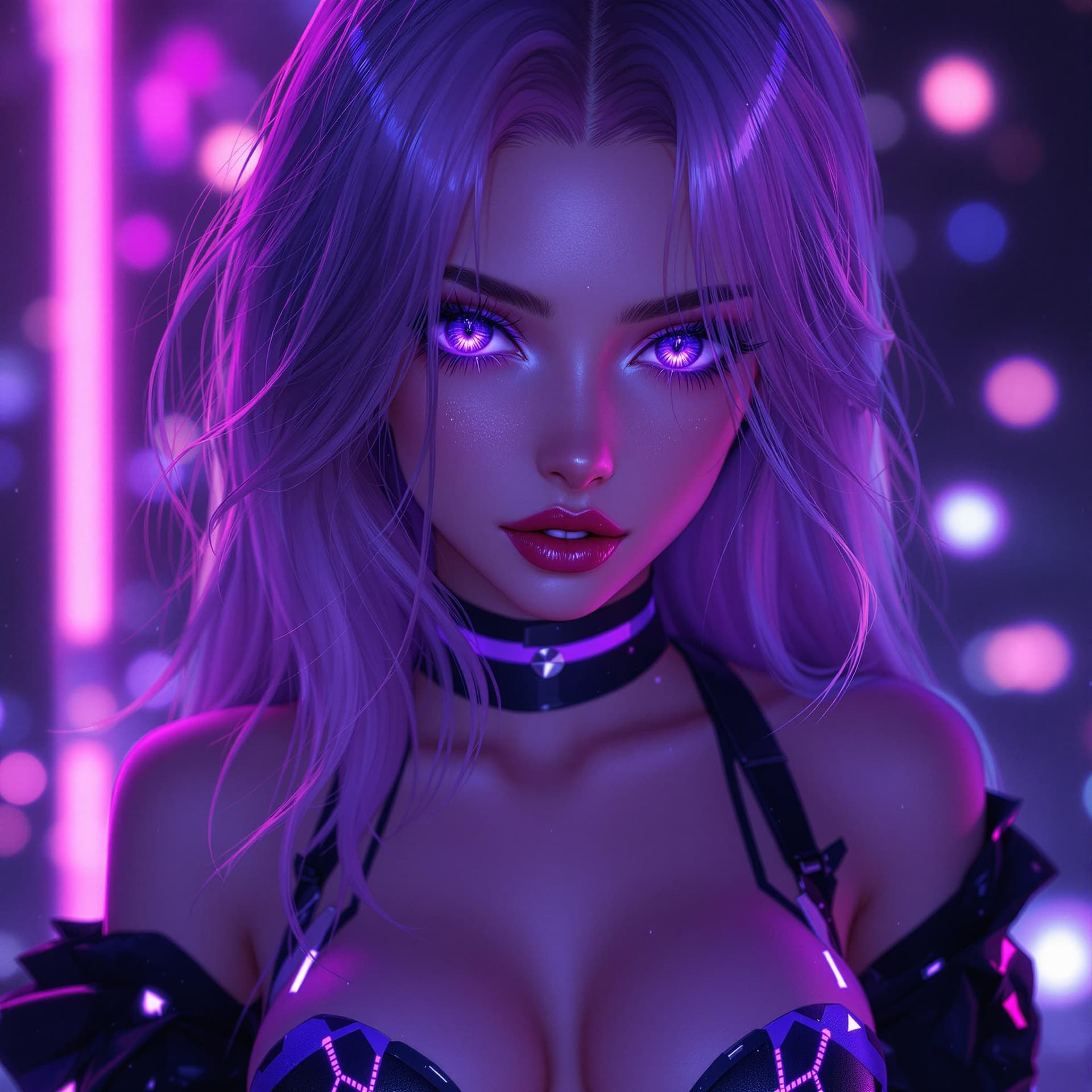AI generated: A stunning anime-style portrait of a seductive young female character with long, flowing violet-tint...
