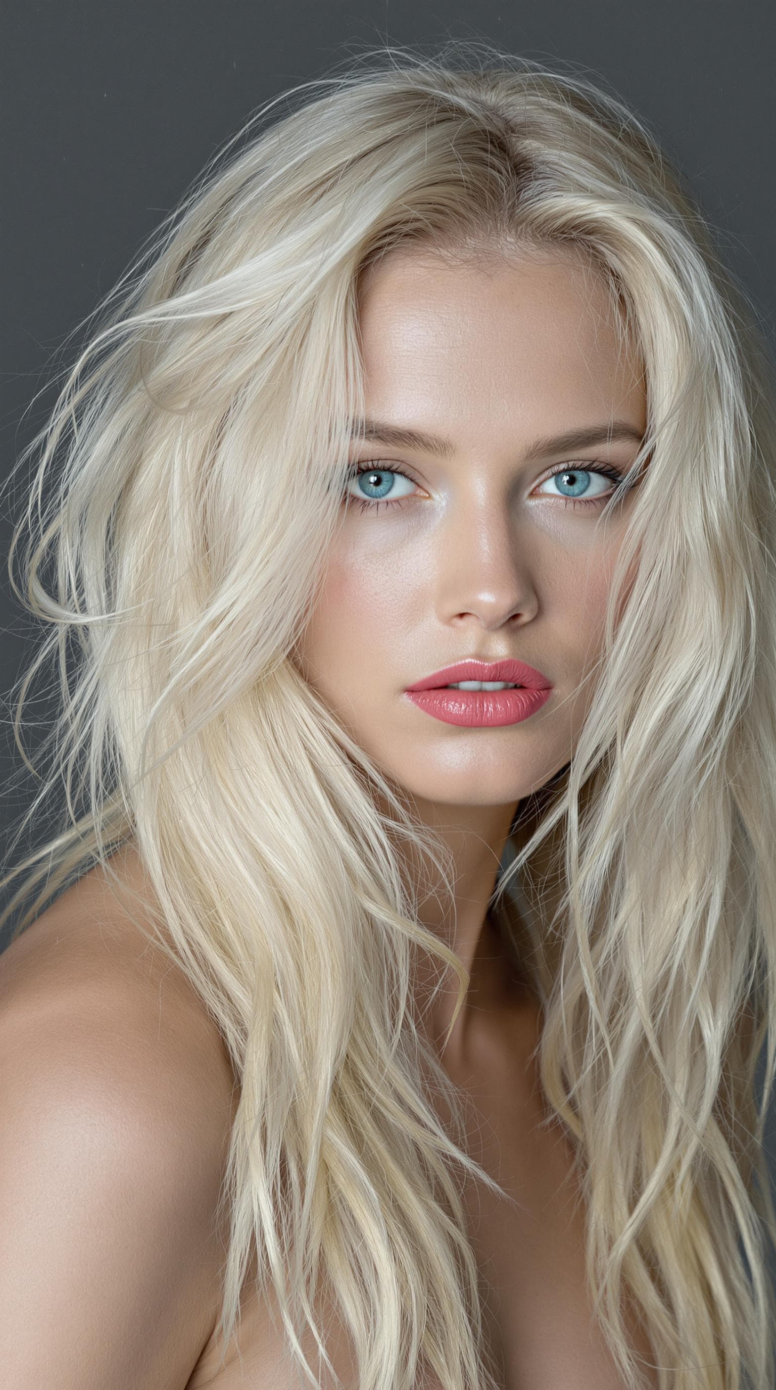 AI generated: "The image is a striking close-up portrait of a model with lustrous, tousled platinum blonde hair ca...