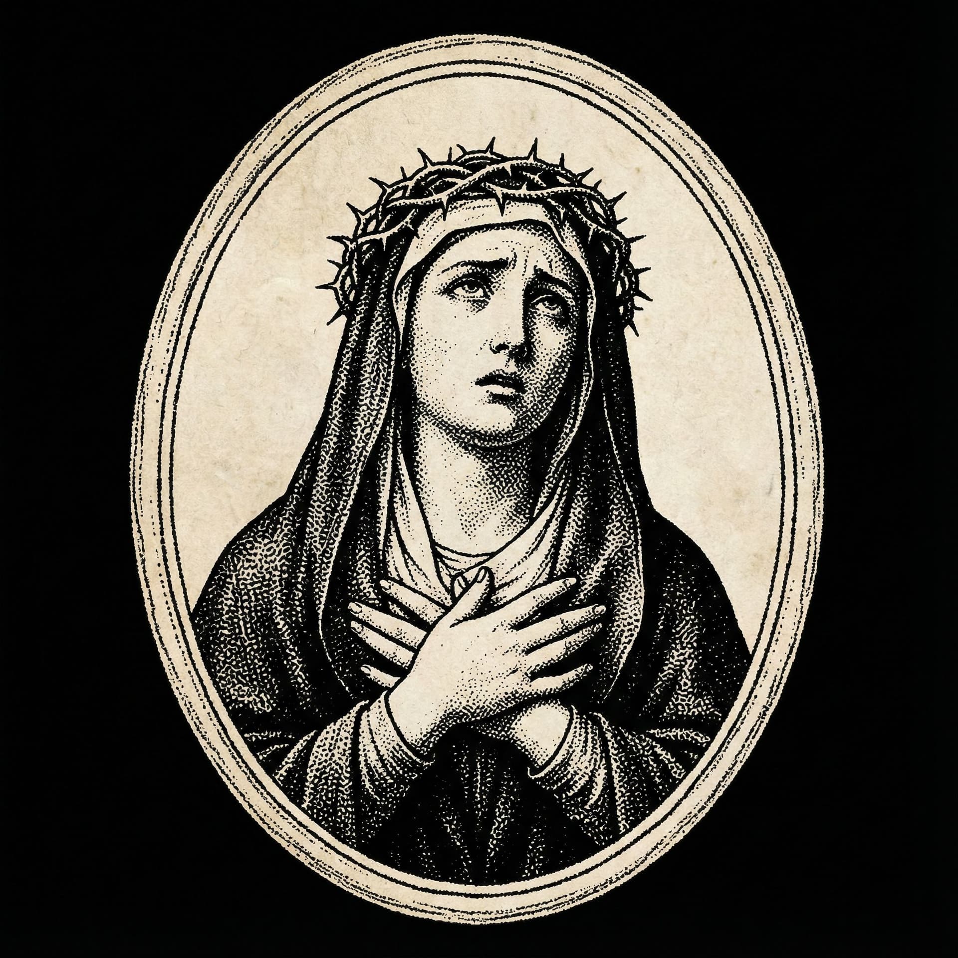 AI generated: A black and white stipple art illustration of a distressed figure, likely Mary or a saint, wearing a...