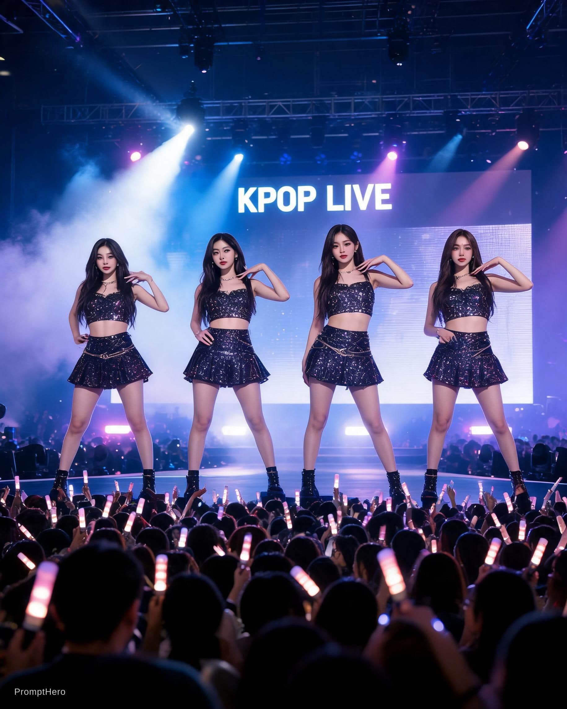 AI generated: Epic K-pop concert scene - Dramatic stage with lights, effects, and energy, without depicting real i...