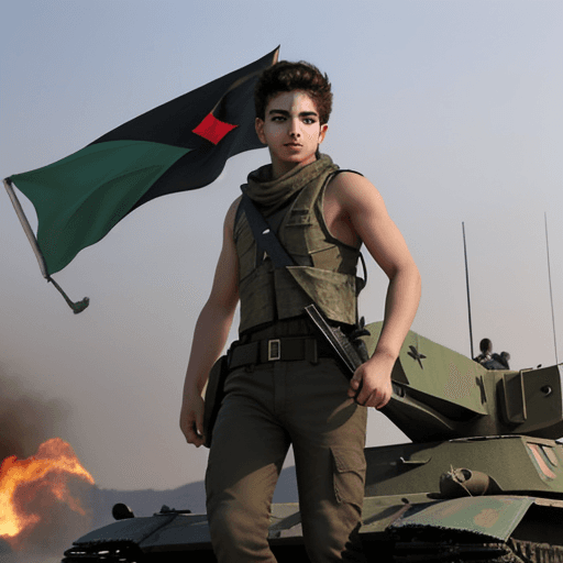 AI generated: A young resistance man carrying the Palestinian flag.  On top of a burning military tank, HD, sturdy...