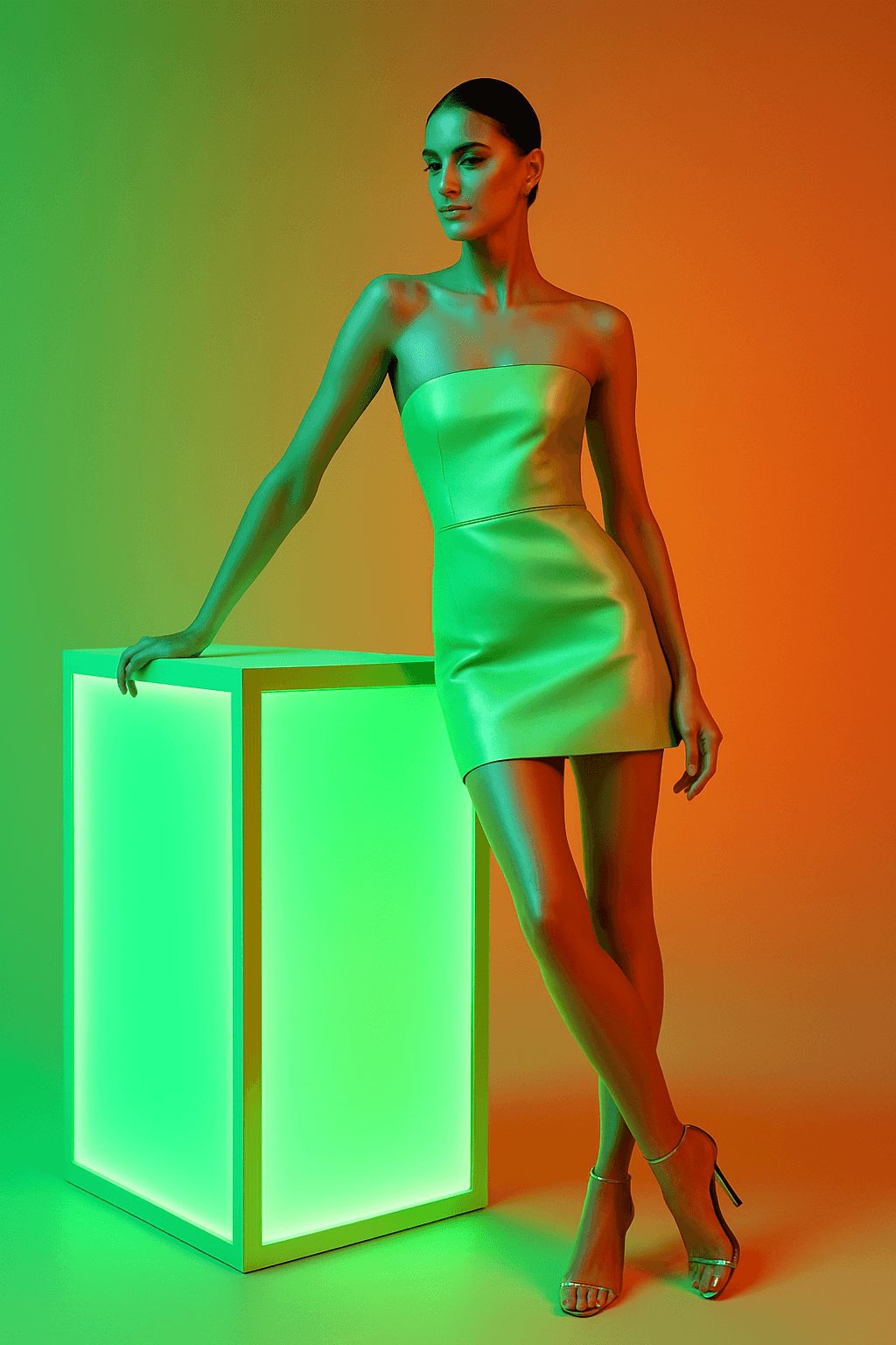 AI generated: Create a high-fashion photograph embodying a minimalist glamour aesthetic. The scene features a supe...