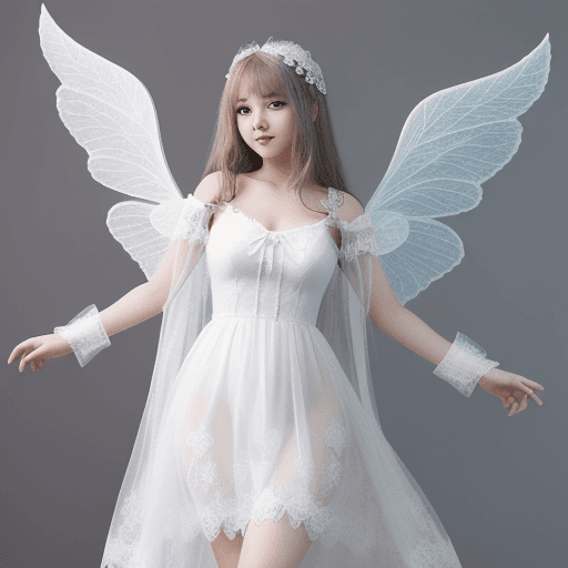 AI generated: Young female fairy, large wings, white lacey dress.
