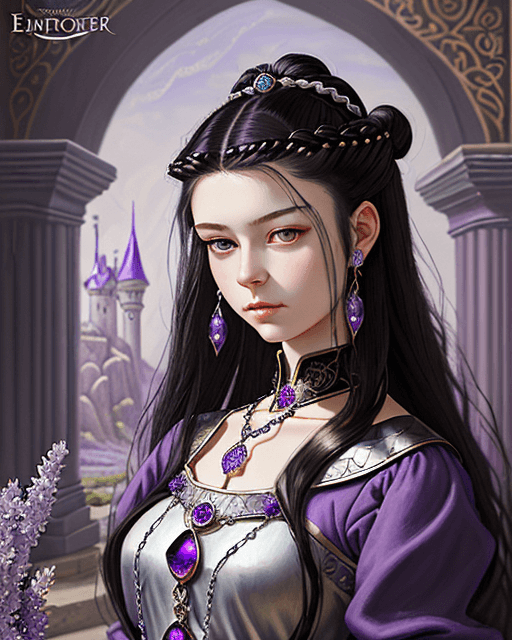AI generated: oil painting, emperor's daughter, 16 years old, medieval ball lilac dress, brunette hair, black hair...