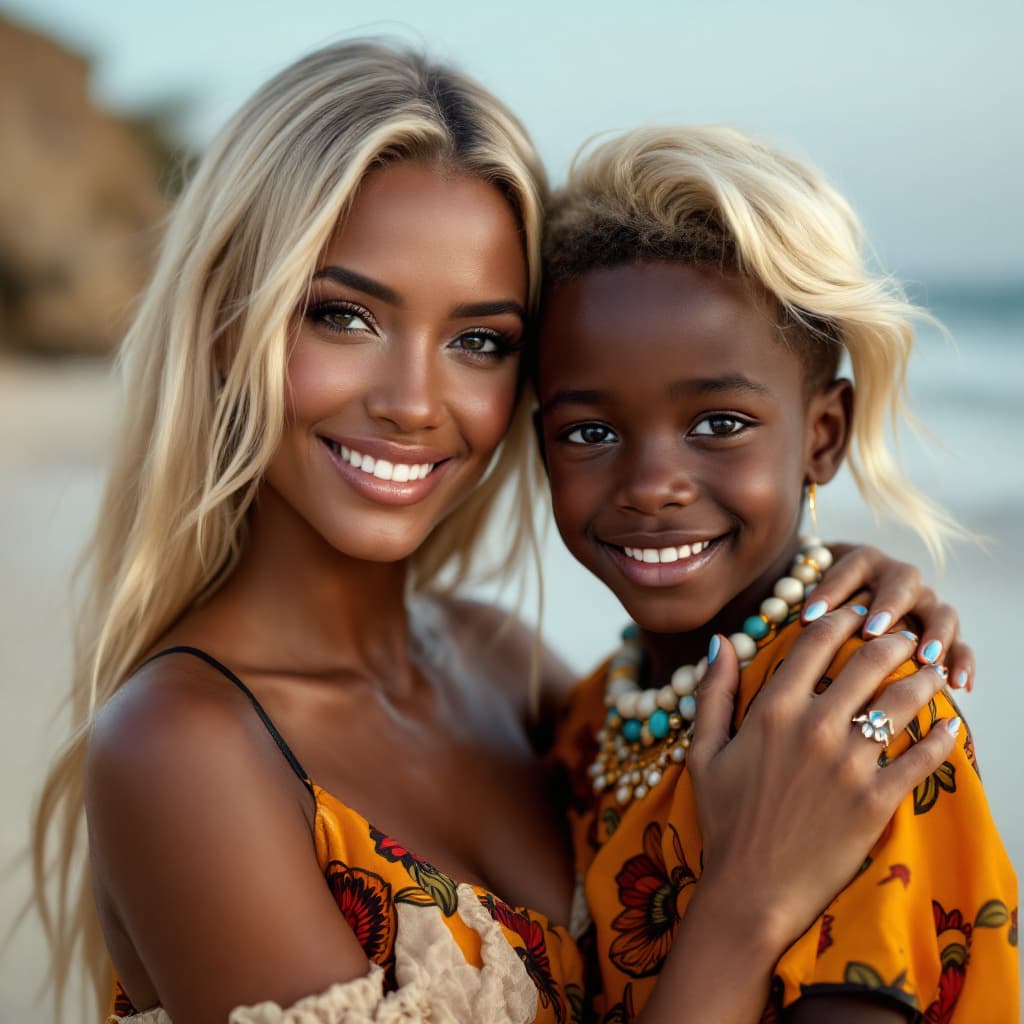 AI generated: Portrait of a gorgeous caucasian woman, 20 years old, with long blonde hair, holding a five year old...