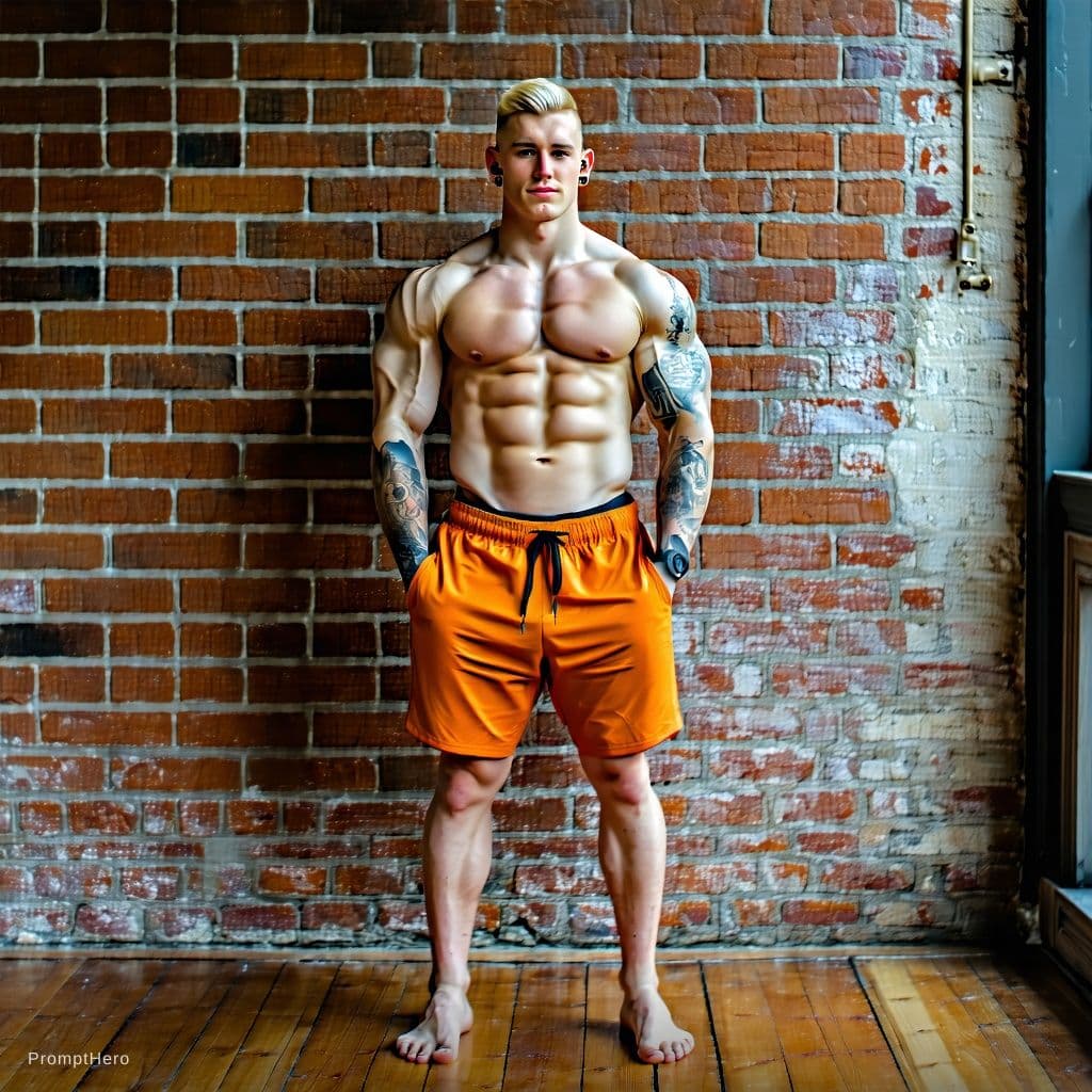 AI generated: Full body image, hyper realistic, Sexy irish jock, bodybuilder muscles, shaved blond hair, chiseled ...