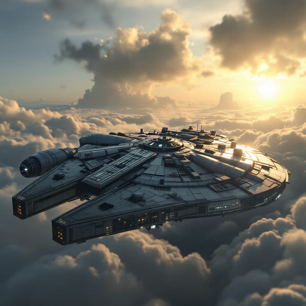 AI generated: Photo of a ultra realistic Star wars Millennium Falcon Ship, dramatic light, pale sunrise, cinematic...