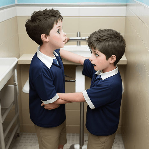 AI generated: Two 6 year old boys having in a school bathroom