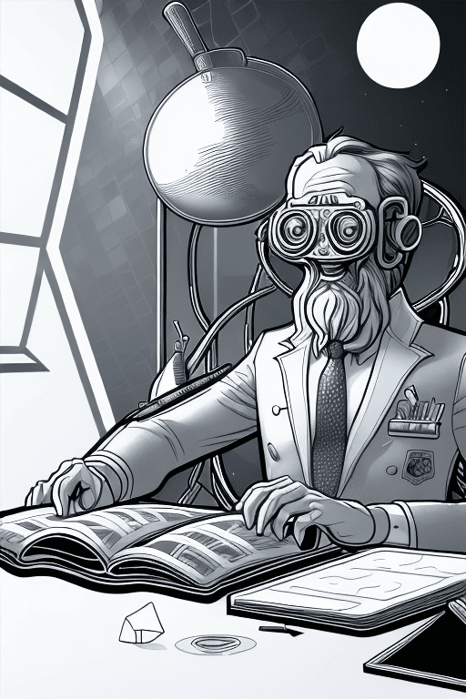 AI generated: A shockingly detailed monochromatic vector illustration of "Mr. Wolfe" examining a strange and other...