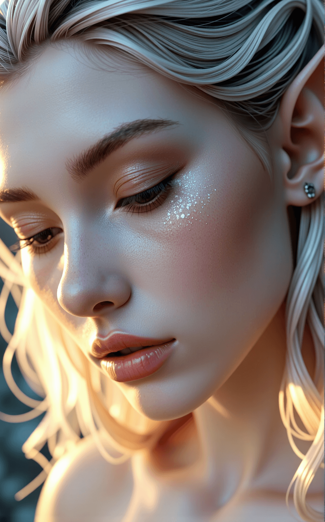 AI generated: Extreme close-up of a young female elf face, eyes gently closed, serene expression, softly parted co...