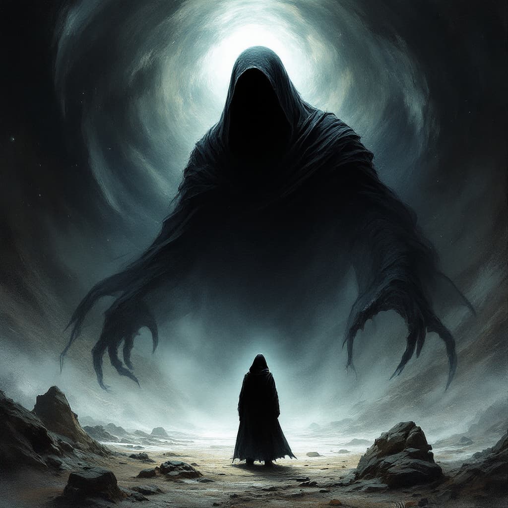 AI generated: concept art a black being in the void in the background, starring back at the cloaked person in the ...
