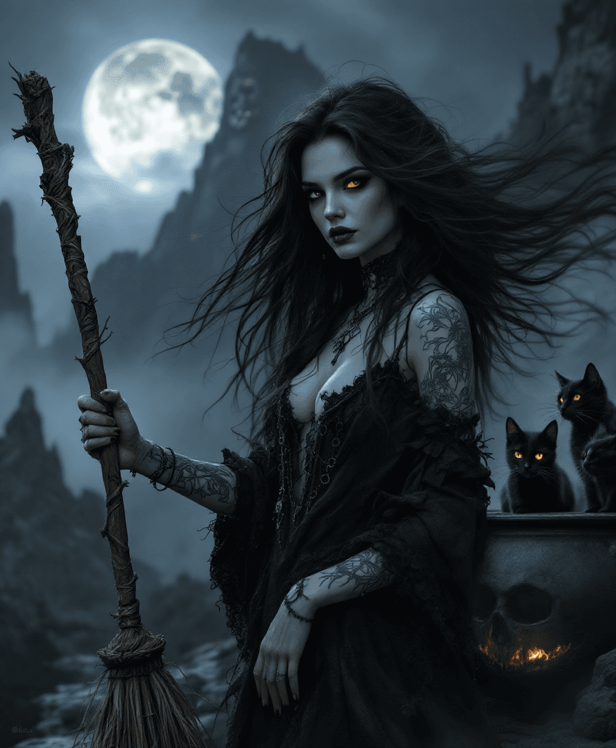 AI generated: A photorealistic, ((UHD)) studio quality portrait of a beautiful brunette witch with extremely long ...