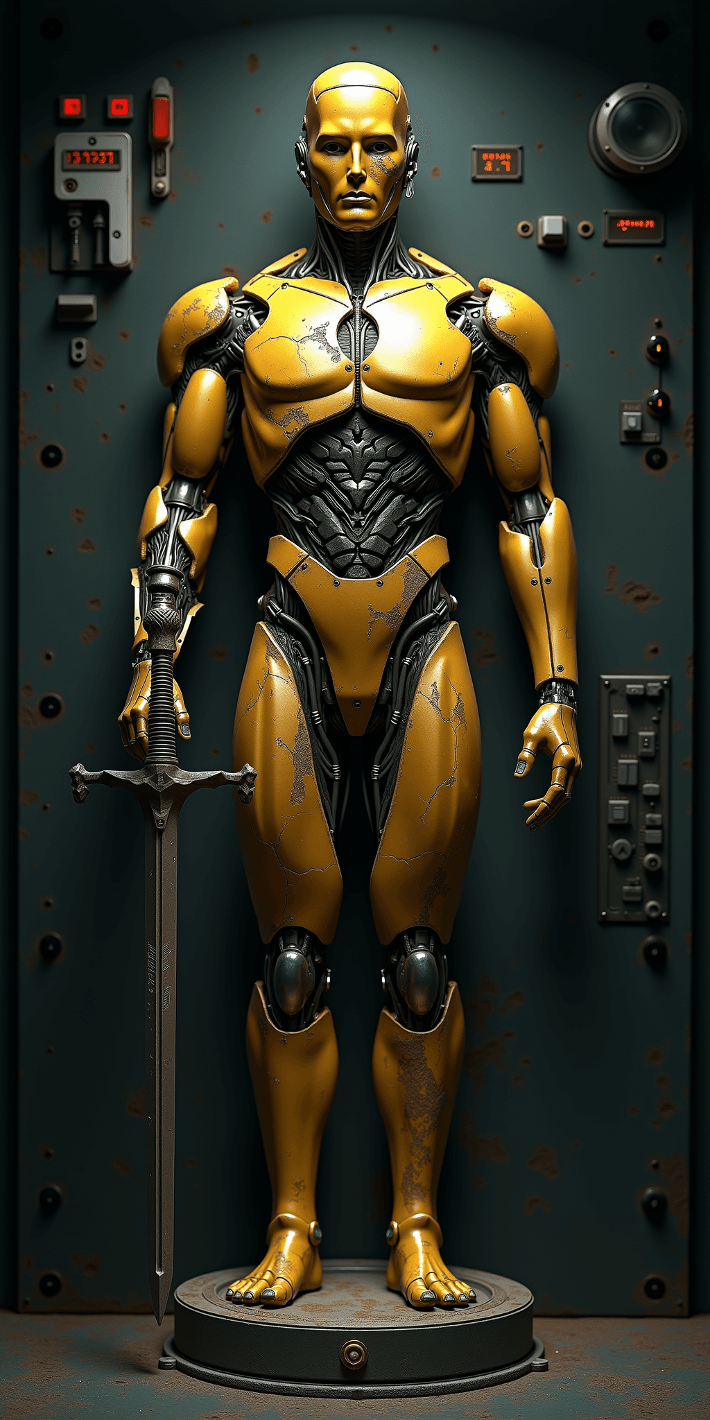 AI generated: Ultra-detailed full-body portrait of a futuristic Oscar statuette redesigned as a cold, authoritaria...