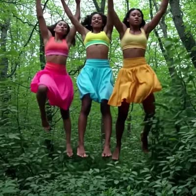 AI generated video: Three women jump as high as possible.
When their feet touch back on the ground all of their clothes ...
