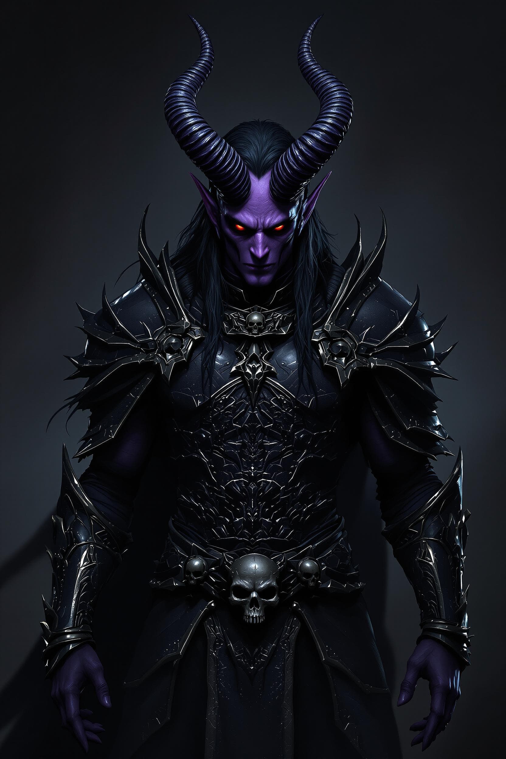 AI generated: Envision a Male purplish-skinned demon Elf, Menacing Horns, piercing red eyes with facial features o...