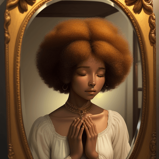 AI generated: A reflection in a beautiful antique mirror of a sad woman with an afro and honey-colored skin with h...