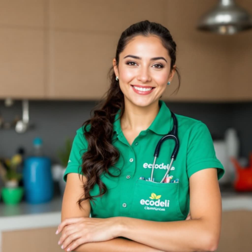 AI generated: Mujer que trabaja como operario de limpieza, con el logotipo de una empresa llamada ecodeli
  --s 65...