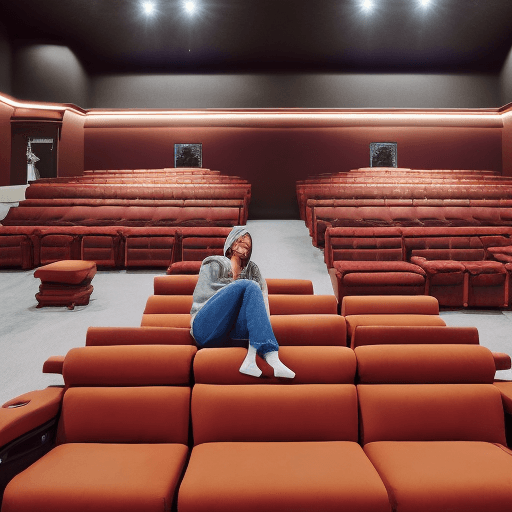 AI generated: photography, vast emptiness of a movie theater serves as the backdrop for a moment of carefree repos...