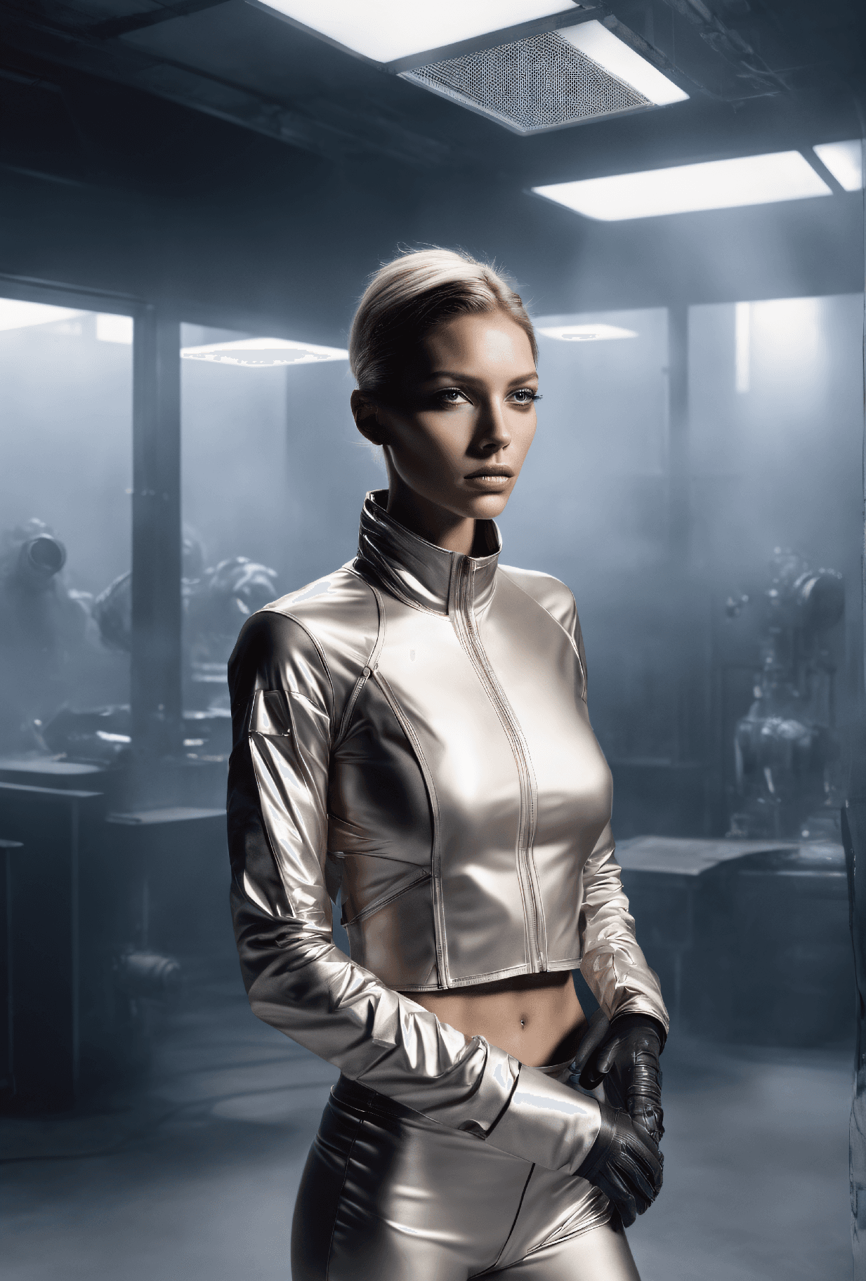 AI generated: dystopian style large format masterpiece photo of a supermodel, Thin and athletic with a toned physi...