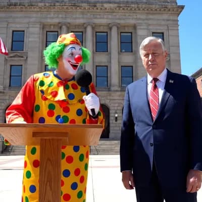 AI generated video: A colorful clown in a bright red and yellow costume with exaggerated makeup stands confidently in fr...