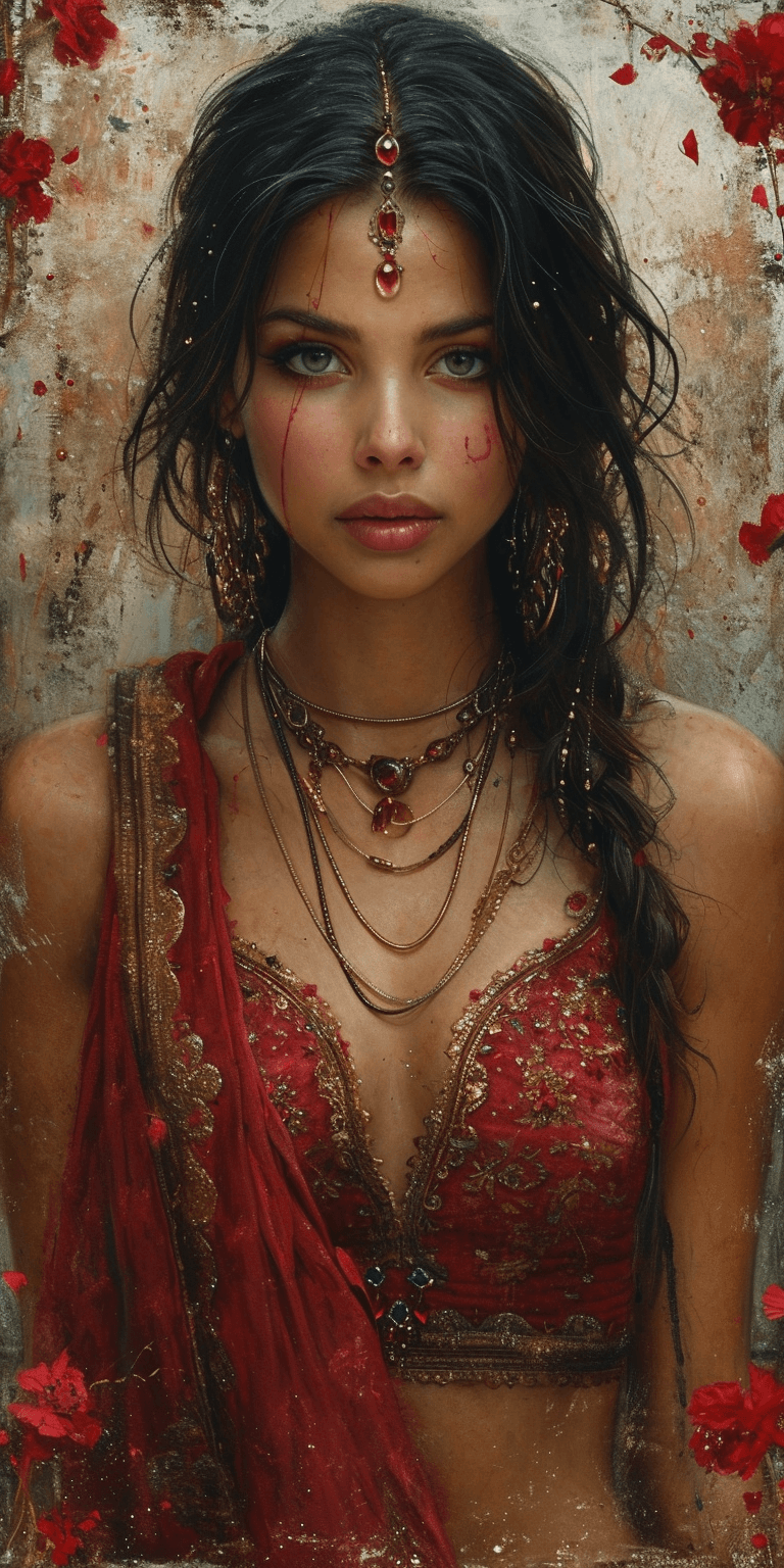 AI generated: painting of a beautiful woman, in the style of realistic fantasy artwork, orientalism, crimson and b...