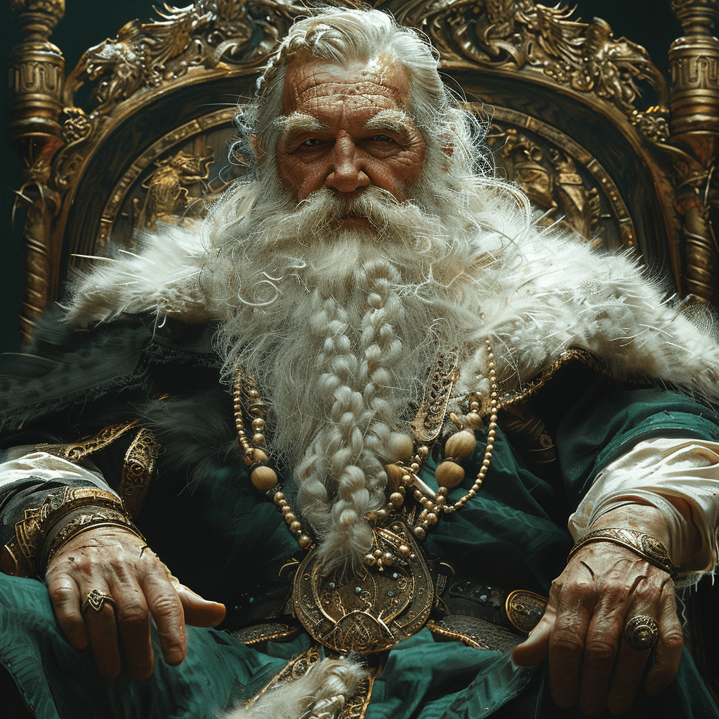 AI generated: full body shot, a dwarf king sits on his throne, in the style of dnd characters, gold black and gree...