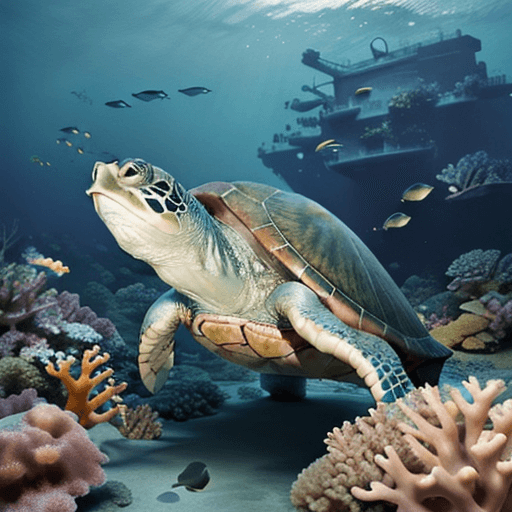 AI generated: Photo of a ultra realistic, green dreamy turtle looking at us aand a deeper boat wreck, corals, spon...
