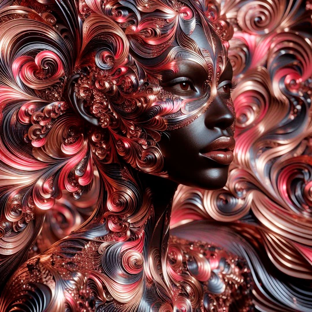 AI generated: Dark skin model wearing Kaleidoscopic apparel, triadic palette, bronze textures, fragmented elegance...