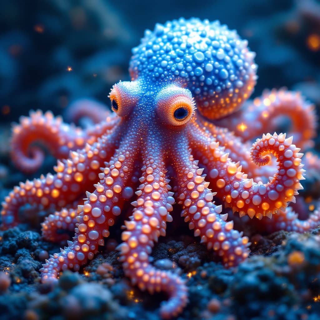 AI generated: the image of a blue and white octopus, otherworldly, soggy, sparklecore, spiky mounds, puffy shine, ...