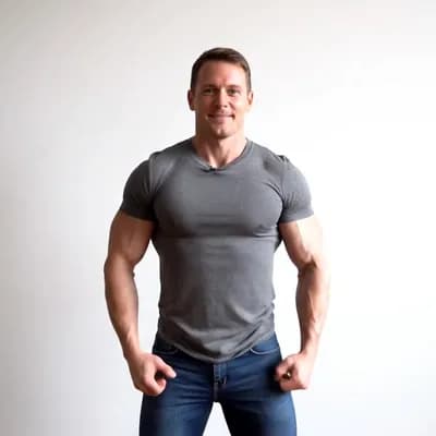 AI generated video: Flexing biceps and smiling