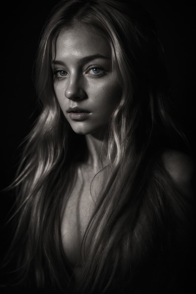 AI generated: Wide (volumetric:1.1) (chiaroscuro:1.2) lighting, portrait of a intense young (curvy:0.9) nordic gir...