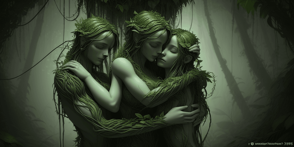 AI generated: two people hugging each other in the jungle, in the style of ethereal figures, made of vines, physic...