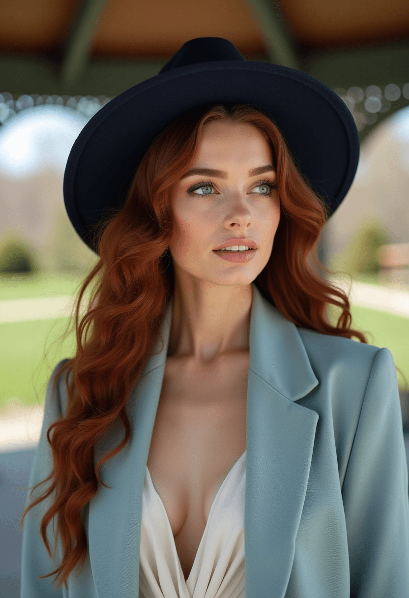 AI generated: photograph of a beautiful woman, candid, looking away from the viewer, long dark auburn hair, big cu...
