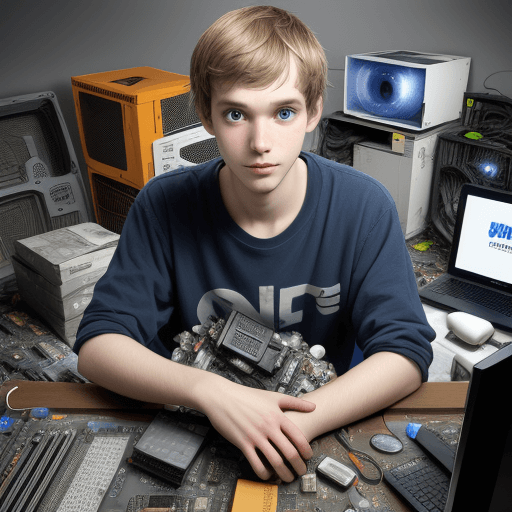 AI generated: portrait of linus sebastian person surrounded by stolen computer parts at an online auction