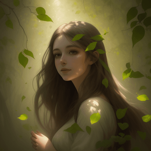 AI generated: Beautiful painting maiden, young woman, light through the leaves form dappled shadows, soft light fa...
