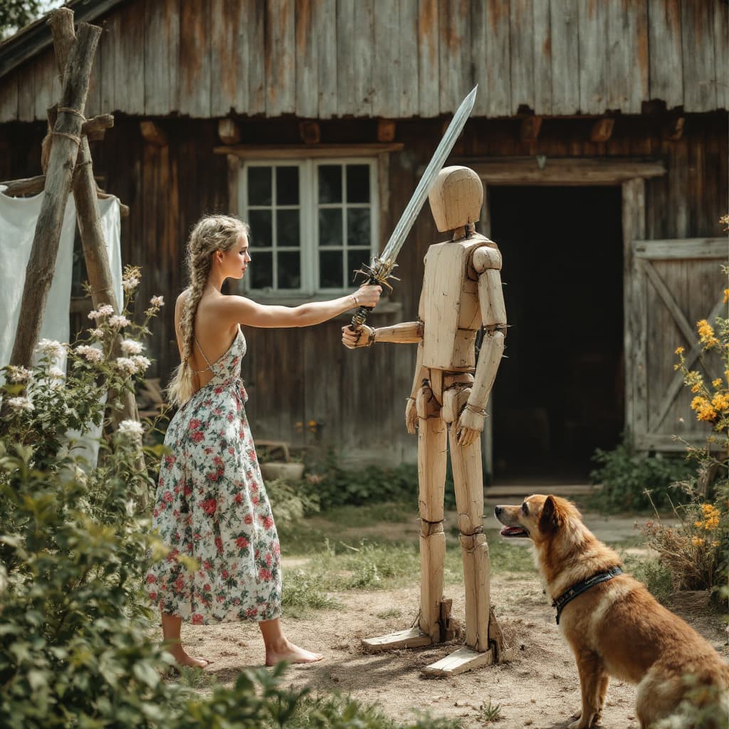 AI generated: full body view of A minute blonde woman with braids, flowery dress, barefoot (((show the foot))) wit...