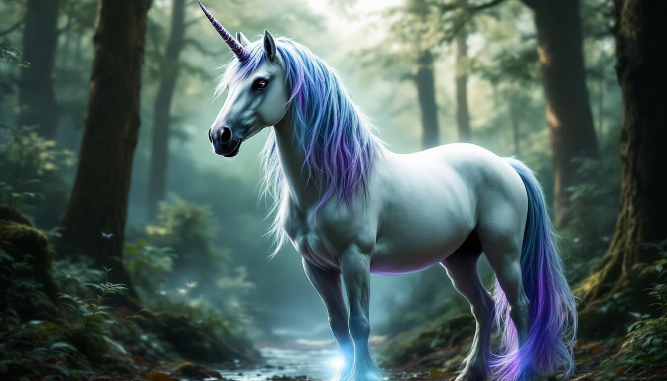 AI generated: a majestic unicorn standing in a serene and mystical forest, its ethereal beauty illuminated by the ...