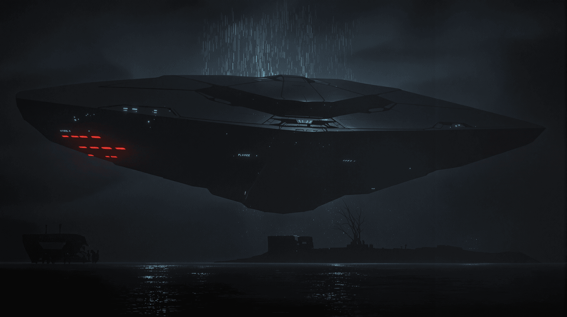 AI generated: Create a dramatic Sci-fi image depicting a Giant ominous spacecraft, very plain, the only external f...